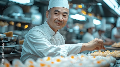A Chinese dim sum chef in a large hotel pastry kitchen. Generative AI.