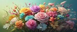 Bouquet of Multicolored Flowers on Top of Lush Green Field, Soft Pastel Tones, Flower Buds, Desktop Wallpaper