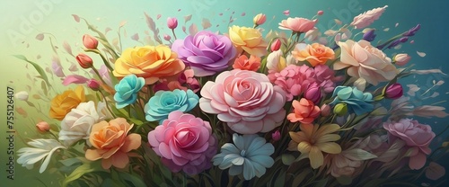 Bouquet of Multicolored Flowers on Top of Lush Green Field, Soft Pastel Tones, Flower Buds, Desktop Wallpaper © alexx_60