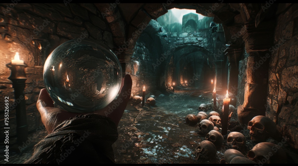 A seer with a clear crystal ball in the dark crypt surrounded by skulls
