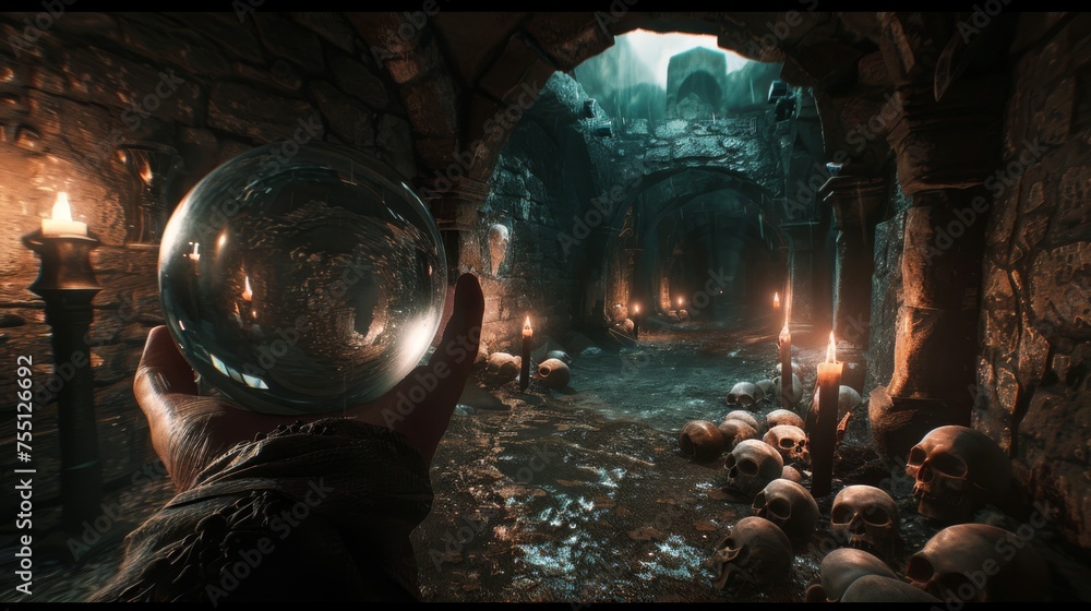 A seer with a clear crystal ball in the dark crypt surrounded by skulls
A seer with a clear crystal ball in the dark crypt surrounded by skulls