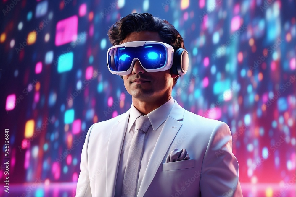 Man in a white suit in front of holographic screens Man in a white suit in front of holographic screens
