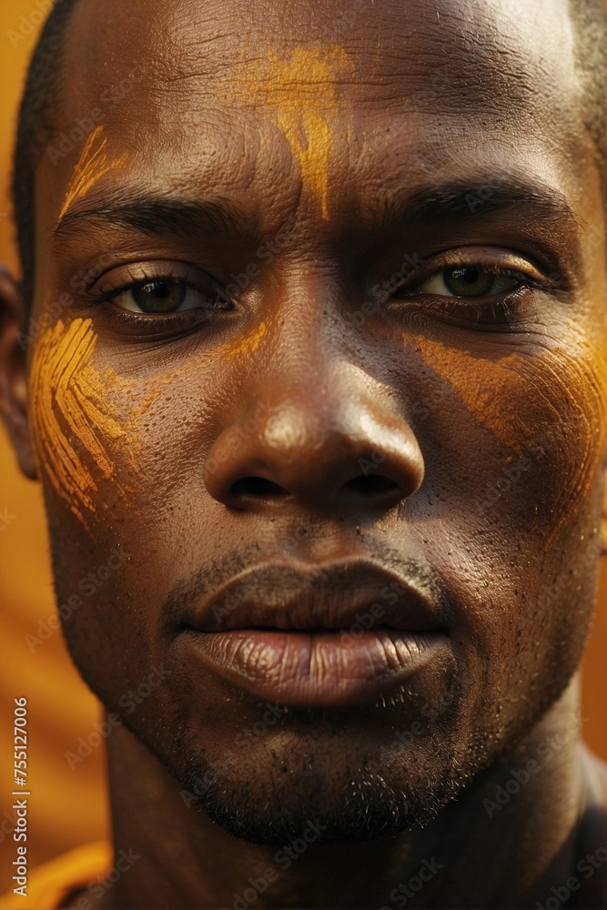 Face of an African warrior with traditional patterns and adornments Face of an African warrior with traditional patterns and adornments