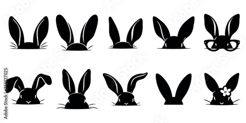 Rabbit ears peek out, rabbit on the floor of the head, black silhouette on a transparent background, vector set for stencil, print..