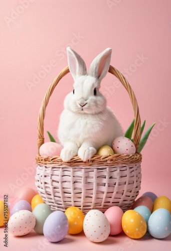 A cute white bunny sits in a wicker basket surrounded by colorful Easter eggs and beautiful tulips on a pastel pink background. Fluffy bunny in a basket and painted eggs as a symbol of Easter holiday
