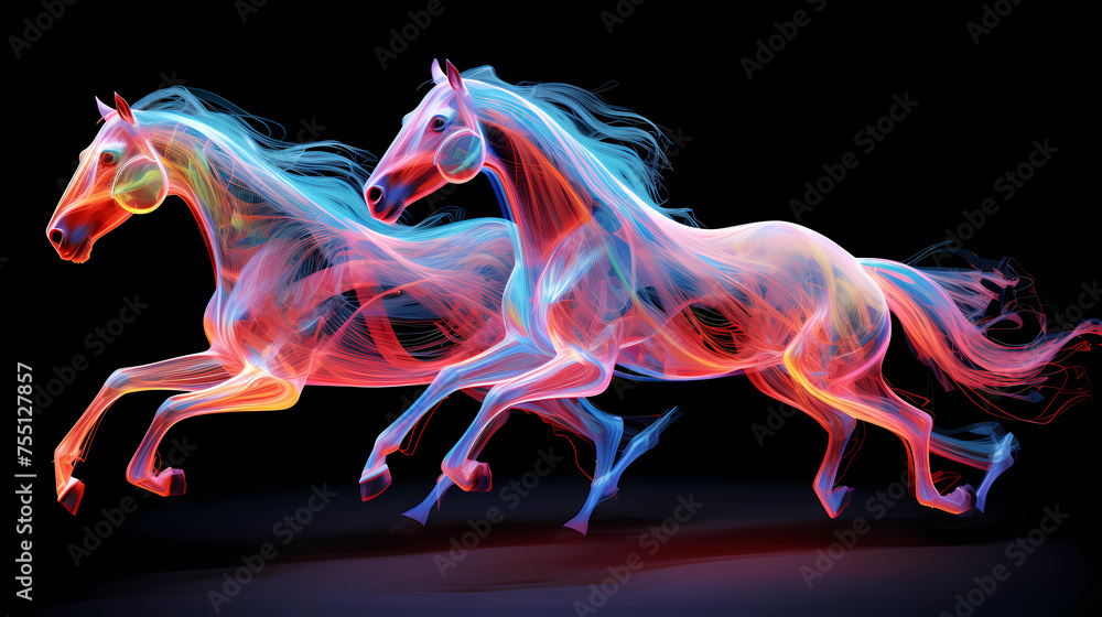 Galloping Horse Horses Animal Plexus Neon Black Background Digital ...