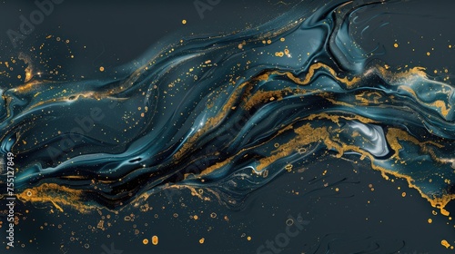 a gold and blue line, evoking the essence of environmental portraits with flowing forms and serene simplicity against a backdrop of dark gray. SEAMLESS PATTERN