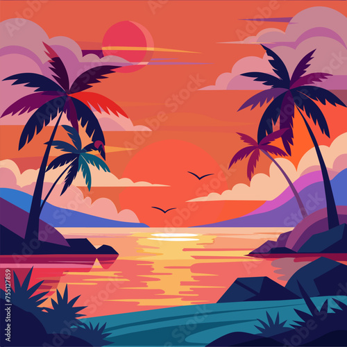 sunset over the sea  minimal summer sunset flat tshirt vector illustration