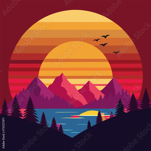 sunset over the sea, minimal summer sunset flat tshirt vector illustration © Multi-Media