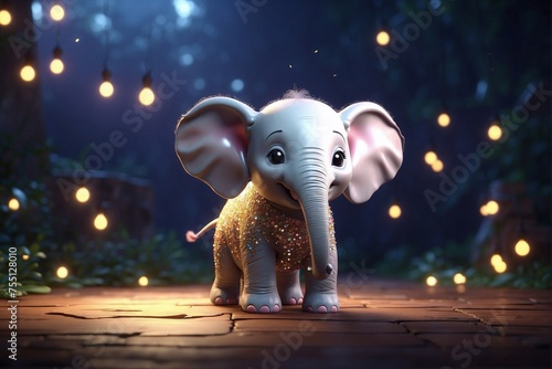 Magical baby elephant: glowing golden aura in the darkness