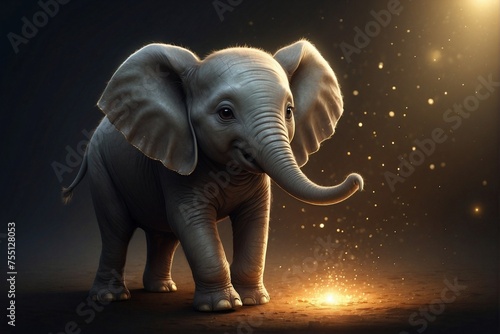 Magical baby elephant  glowing golden aura in the darkness
