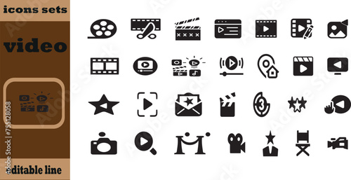 Video icon set. Containing camera, play, pause, media, online video, live, production, player, movie and cinema icons. Solid icon collection.