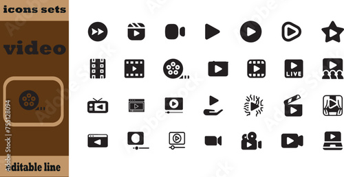 Video icon set. Containing camera, play, pause, media, online video, live, production, player, movie and cinema icons. Solid icon collection.