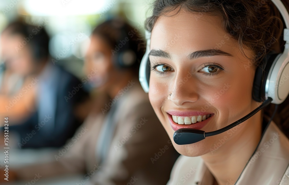 Smiling Woman Call Center Agent Assisting Customer with Headset Smiling Woman Call Center Agent Assisting Customer with Headset
