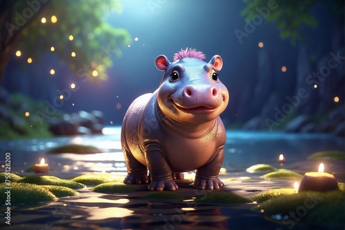 Magical baby hippo by the enchanted lake