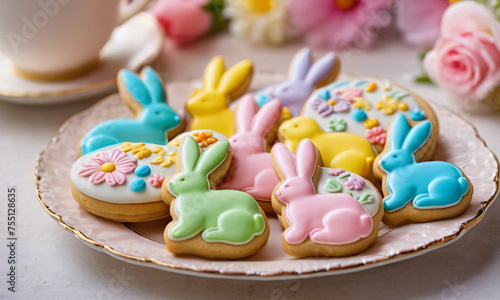 Delicious cute cookies in icing in the shape of Easter bunnies and Easter eggs on a plate with flowers and a cup of tea on the table. Sweet baked glazed treats (rabbits) in pastel color for Easter