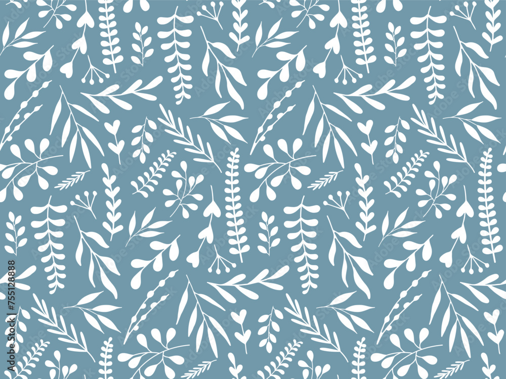 Fototapeta premium Abstract Botanical Seamless Pattern. White Silhouette of branch sprig leaves. Hand drawn Twigs. Natural plant garden simple Background for wallpaper, packaging, cover, fabric print