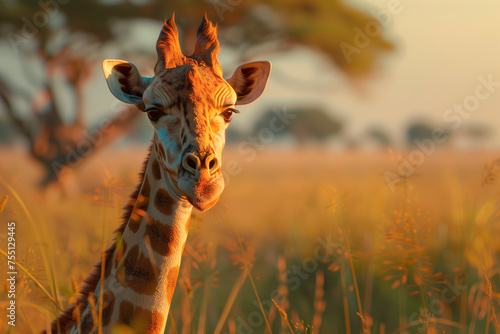 Giraffe. Closeup portrait of a cute giraffe against sunset background