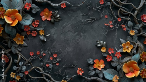 Vibrant Flower and Leaf Painting on Black