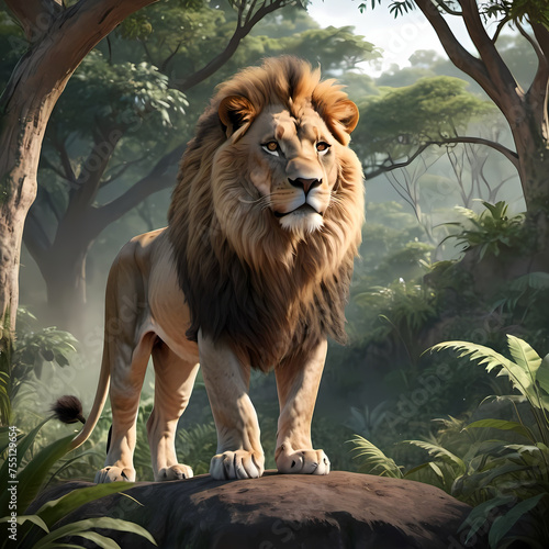 A lion confidently stands in the jungle, showing its attitude