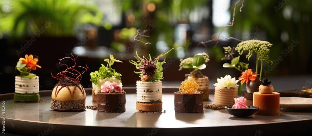 Fototapeta premium A table adorned with an assortment of flowerpots containing various terrestrial plants, perfect for adding greenery to any room or event