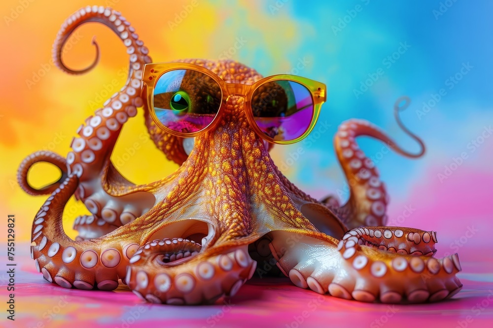 Funny octopus wearing sunglasses Presented against a vibrant and colorful studio background Adding a playful and whimsical touch