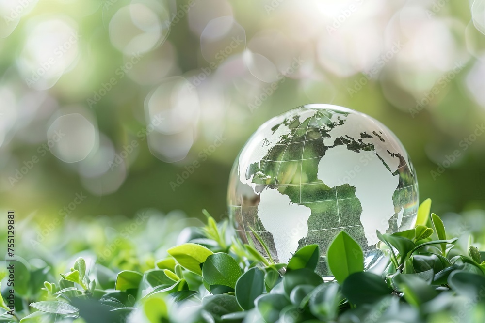 Glass globe concept emphasizing global environmental responsibility Surrounded by green foliage to symbolize commitment to sustainability and eco-friendly practices Glass globe concept emphasizing global environmental responsibility Surrounded by green foliage to symbolize commitment to sustainability and eco-friendly practices