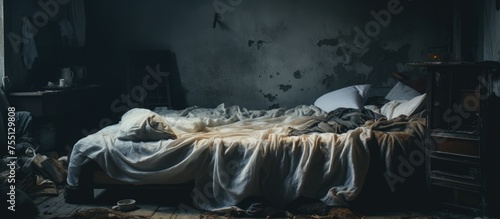 A messy bed is seen in the center of a dark room, surrounded by various debris scattered across the floor. The disarray suggests neglect or hasty departure, creating a sense of abandonment.