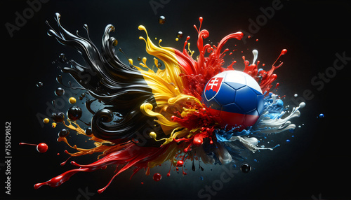liquify country flags of Belgium and Slovakia splash towards each other, with a soccer ball in the middle, football EM 2024, Group phase matchday 1, Generative ai