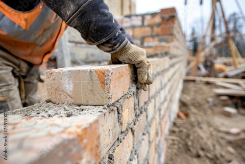 A construction worker builds a brick wall.