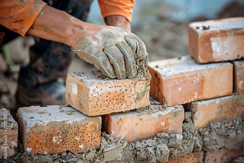 A construction worker builds a brick wall. © Simon