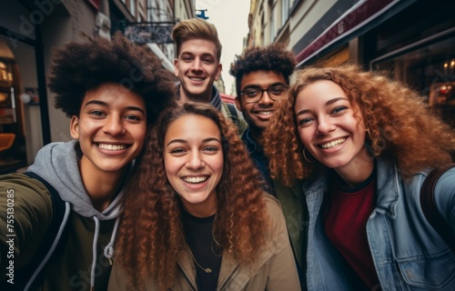 Diverse friend group taking a selfie.