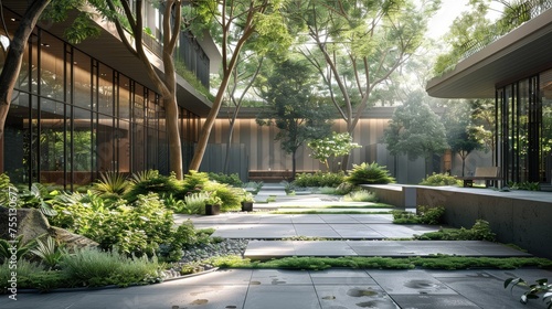 An exterior view of the lobby of a small architectural building with a low horizontal metal fence made of steel bars surrounding the area. Trees, plants, concrete seating areas. Generative AI.