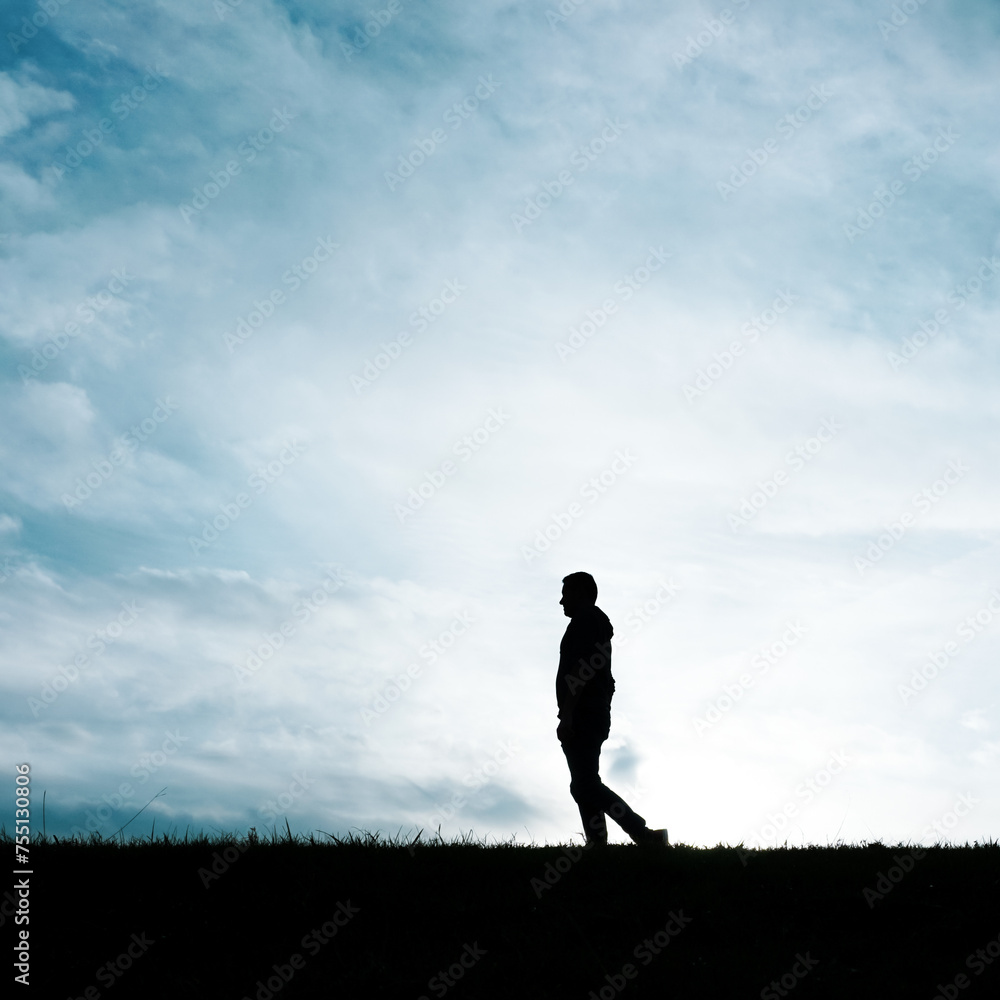 man silhouette in the countryside in the summer and sunset background man silhouette in the countryside in the summer and sunset background