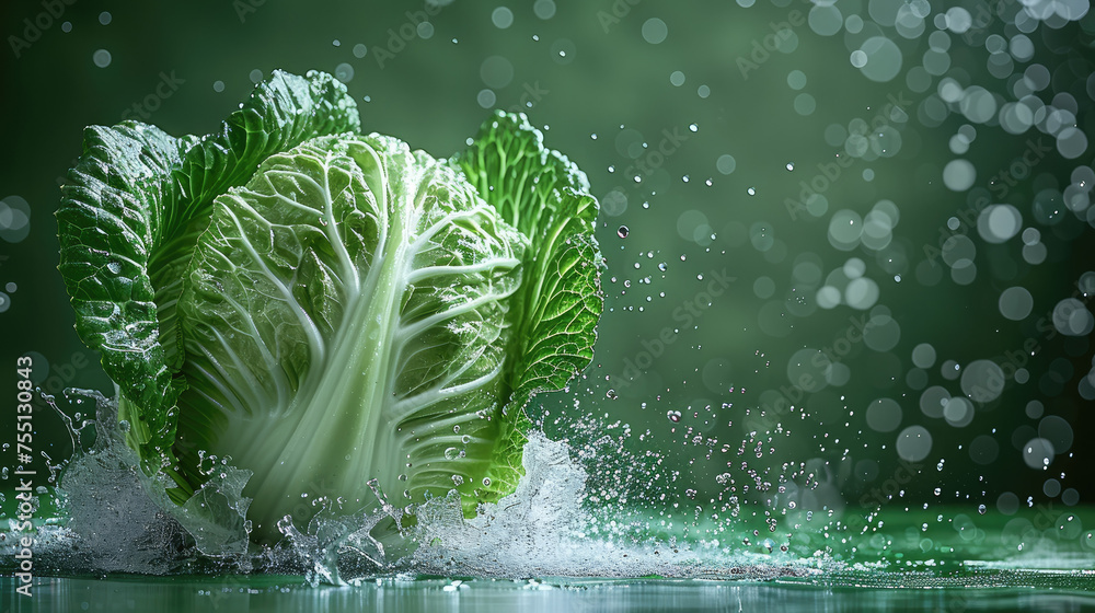 A fresh cabbage with water drops flying in the air, green solid color background, studio lighting. Generative AI. - obrazy, fototapety, plakaty 