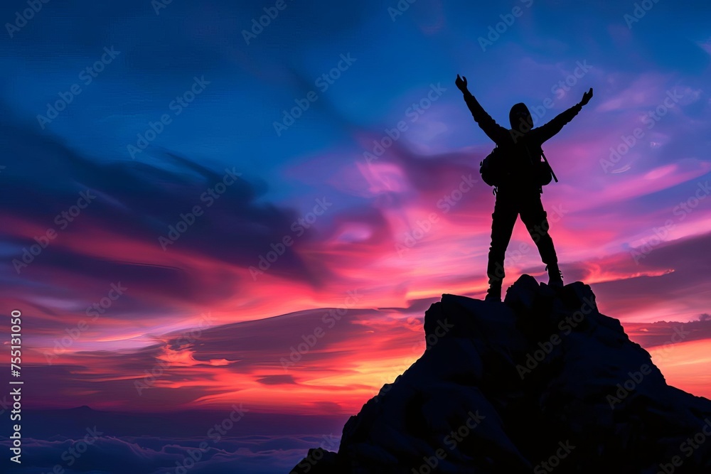 Silhouette of an individual achieving the summit of a mountain at sunset Representing achievement and the beauty of nature