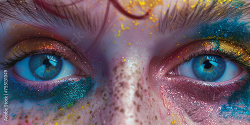 High-resolution image of eyes with multicolored glittery makeup and blue irises photo