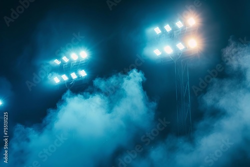 Stadium lights illuminating a sports arena with dynamic smoke effects Symbolizing energy and competition