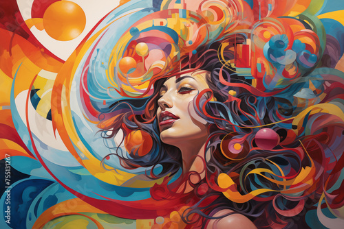 Abstract woman's face pattern, woman's creative expressions, Mindful Imaginings, A Girl's Strength Found in Imaginative Expression, Abstract illustration of mental health and psychological imagination