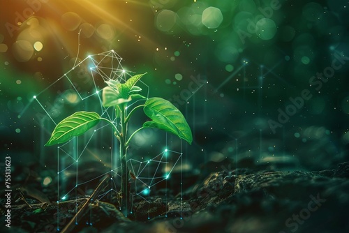 Visualization of a tech plant growing Representing innovation and growth in technology With digital elements and green energy sources