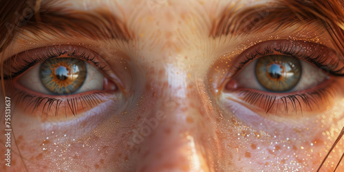 A hyper-realistic image showcasing the intricate textures and colors of two hazel eyes with visible eyelashes