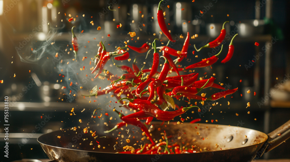 Hot red pepper, Flying composition on black background Hot red pepper, Flying composition on black background