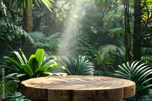 Wooden podium in a lush tropical forest setting Ideal for showcasing products or concepts in a natural and appealing environment