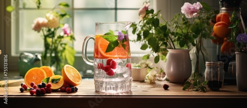 A pitcher filled with a refreshing fruit-infused water sits atop a wooden table, ready to be enjoyed on a hot summer day.
