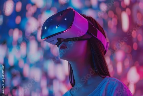 Young woman wearing a vr headset Amazed by the immersive experience of exploring a virtual world With futuristic and gaming elements #755131842
