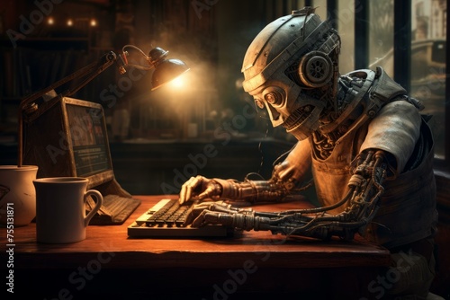 Mechanical Medieval robot redactor working at typewriter. Robotic cyborg author writing script. Generate ai photo