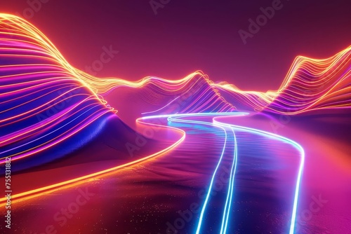 3d rendering of an abstract neon landscape With glowing lines and shapes creating a futuristic and vibrant scene