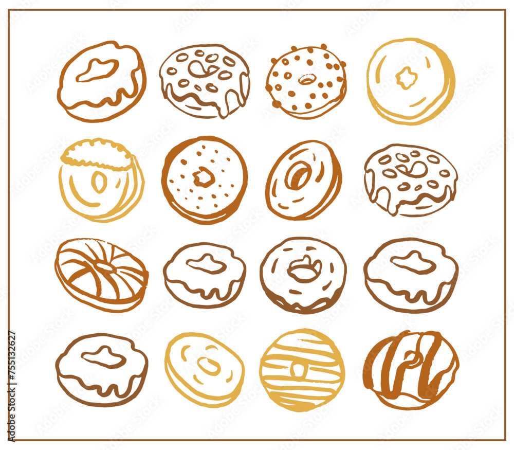 Hand drawn donut set for Fat Thursday on white background. Collection of cute donuts in doodle style. Hand drawn donut set for Fat Thursday on white background. Collection of cute donuts in doodle style.