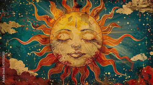 A serene sun face surrounded by stars and planets  depicted in a warm  whimsical art style with autumnal colors.