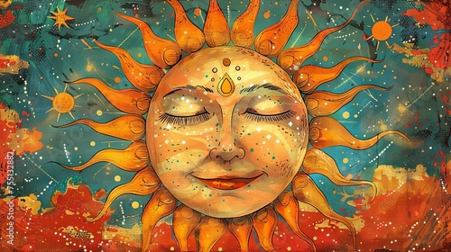 A serene sun face surrounded by stars and planets, depicted in a warm, whimsical art style with autumnal colors. photo